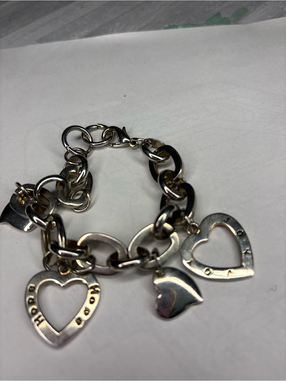 Chunky Heart Charm Bracelet Hope Joy Inspirational Silver Tone Jewelry
